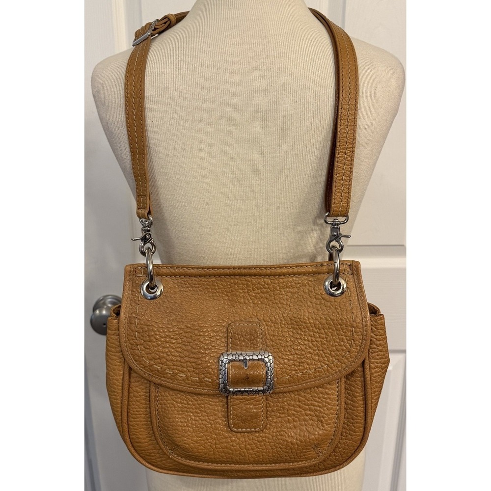 Brighton Parker Pebble Grain Leather Saddle Bag Crossbody Purse Cognac Tan